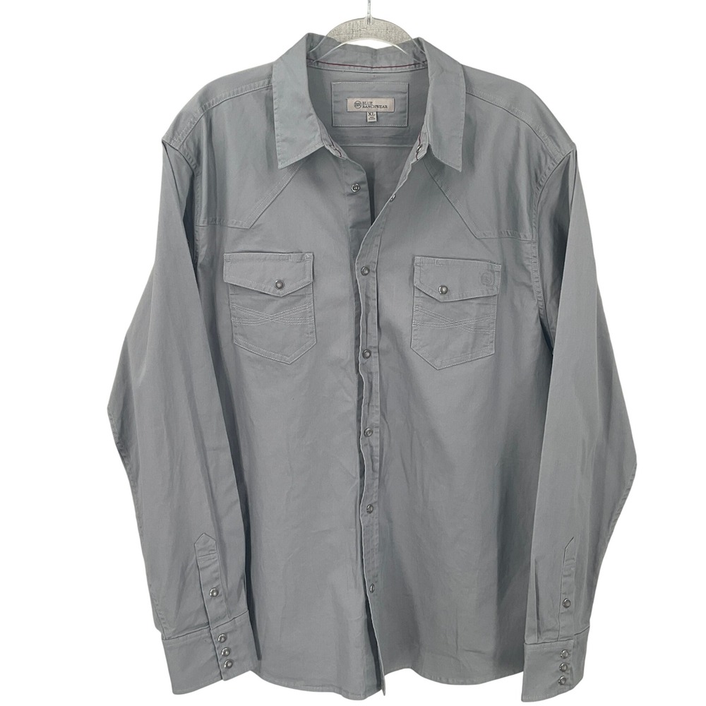 Blue Ranchwear Western Snap Shirt Men XL Grey Cotton Stretch Cowboy Long Sleeve‎